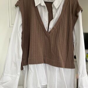 Anthropologie Brown Knit Vest with White Button Down Shirt